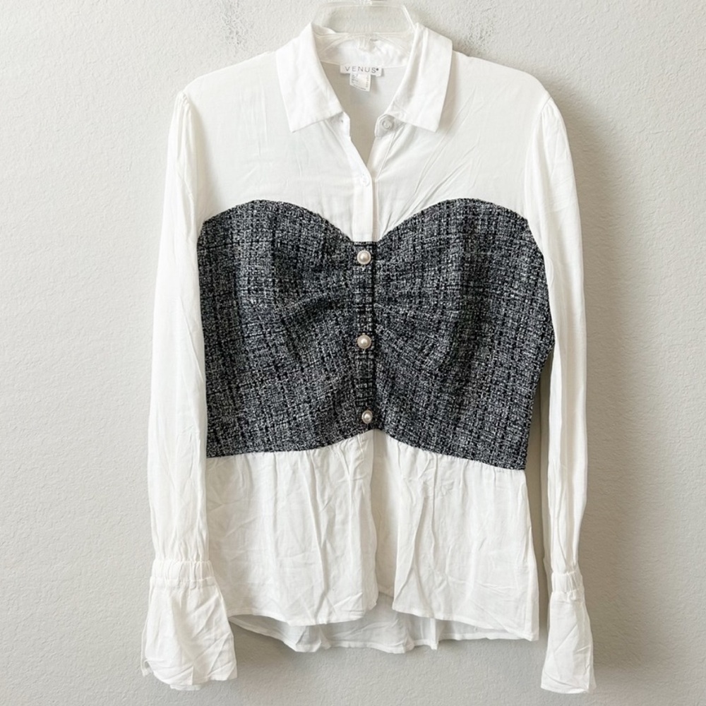 ♥️NEW | VENUS White w/Gray Tweed Corset Button Down Blouse